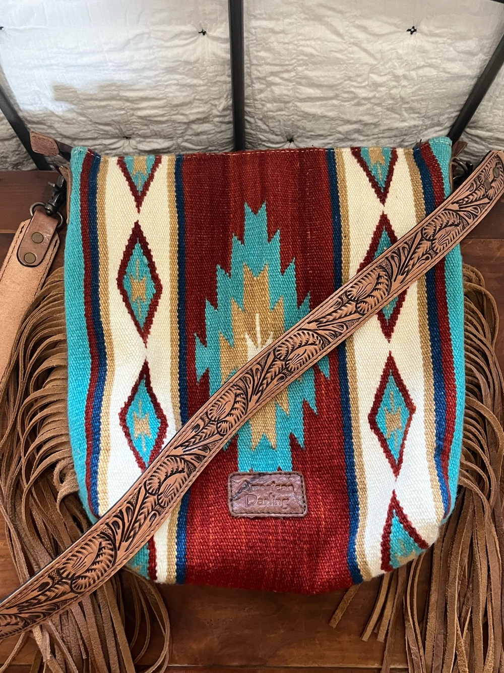 American Darling Southwestern Saddle Blanket Leather Fringe Crossbody Bag